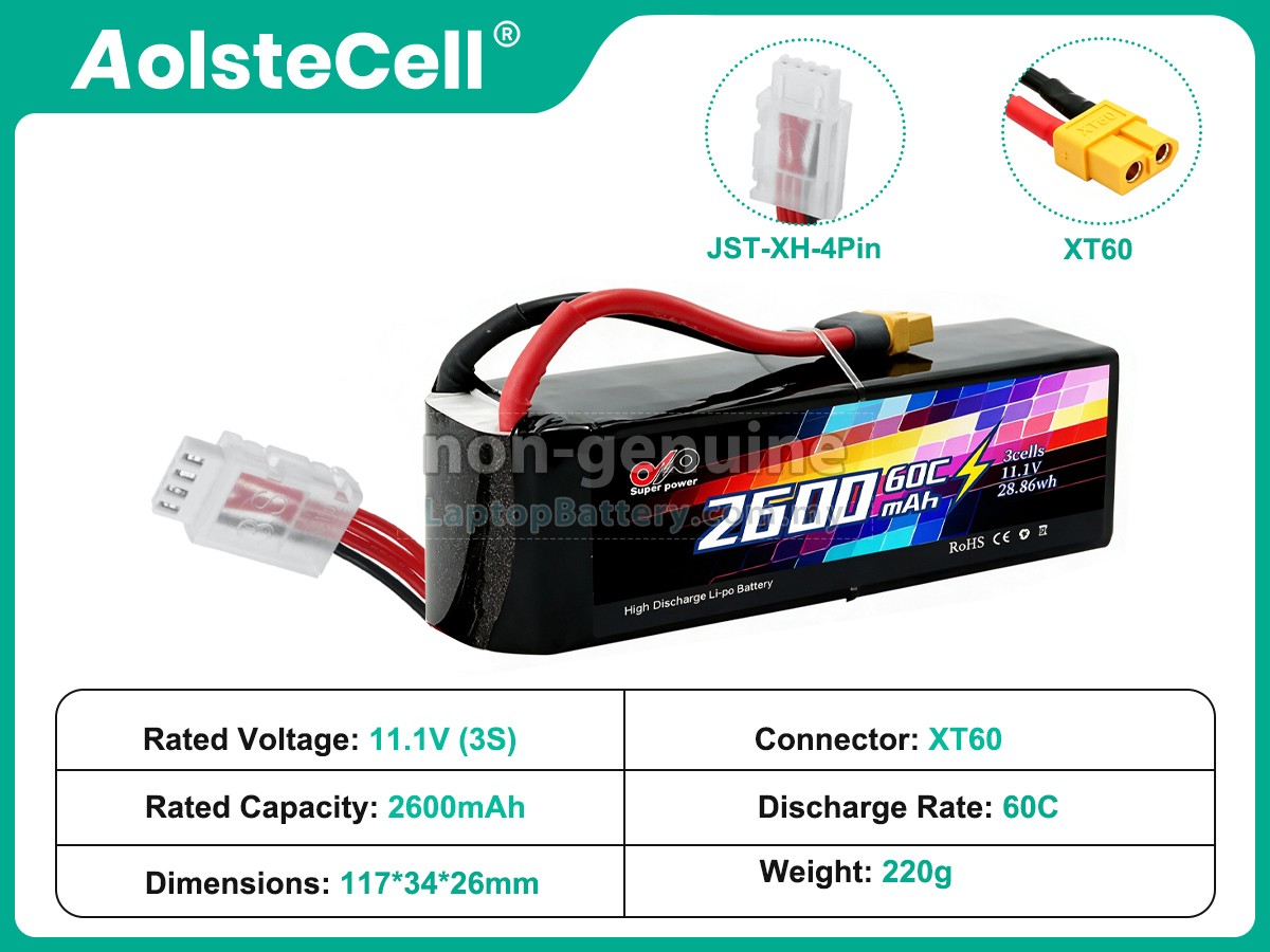 AolsteCell 11.1V 2600MAH 60C XT60 JST-XH 4P replacement battery